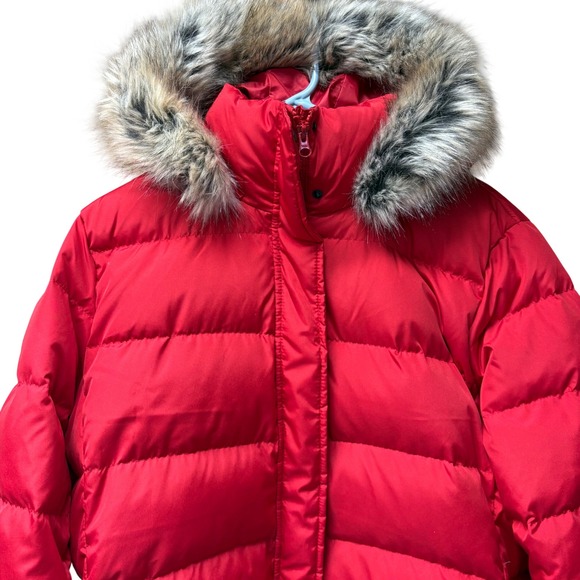 Lands End Womens XL/T 18 Red Puffer Parka Coat Faux Fur Hood Quilted Zip - Picture 2 of 8